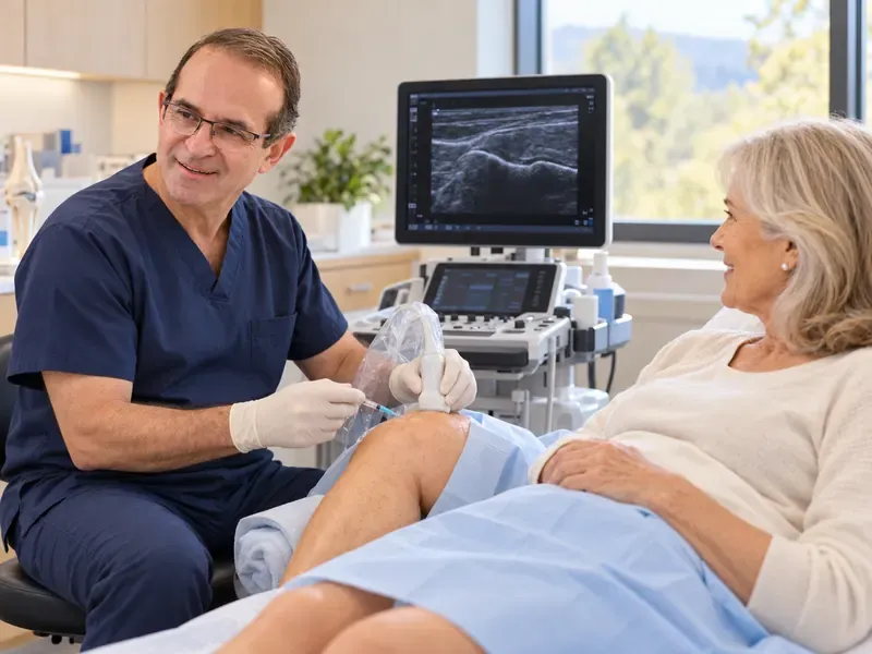Physician performing an ultrasound-guided joint application