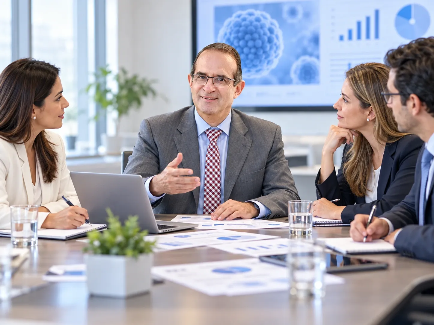 AI-generated illustration of Dr. César Amescua leading a research discussion with colleagues