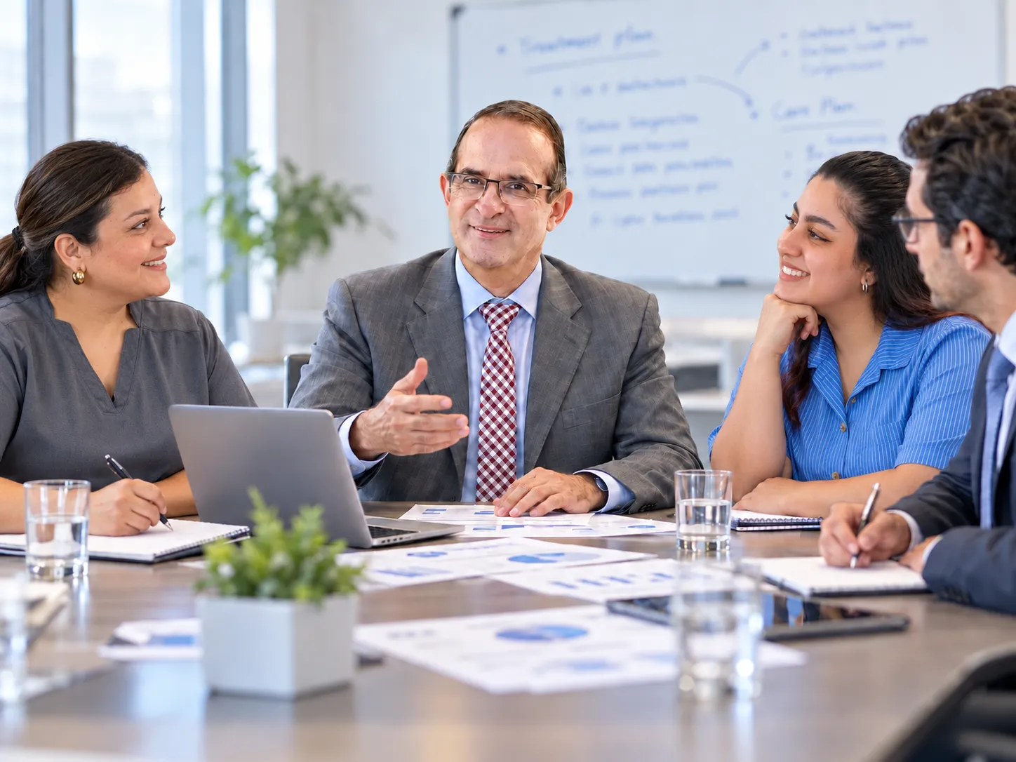 AI-generated illustration of Dr. César Amescua leading a research discussion with colleagues