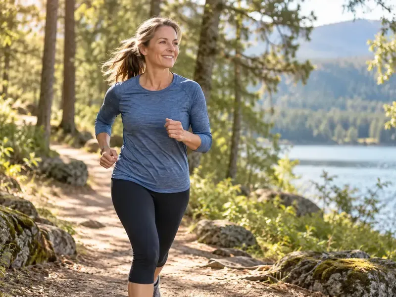 Adult running confidently on a wooded trail