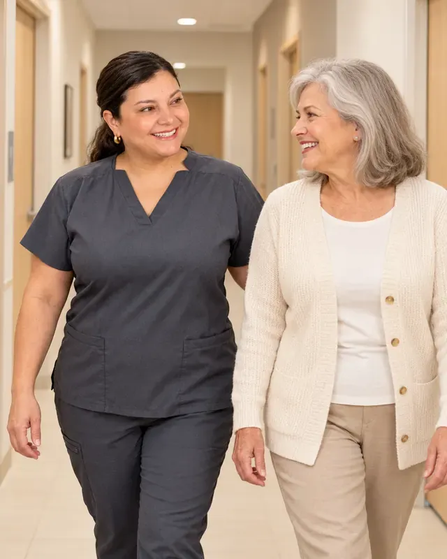 Clinician walking beside a patient in a clinic corridor