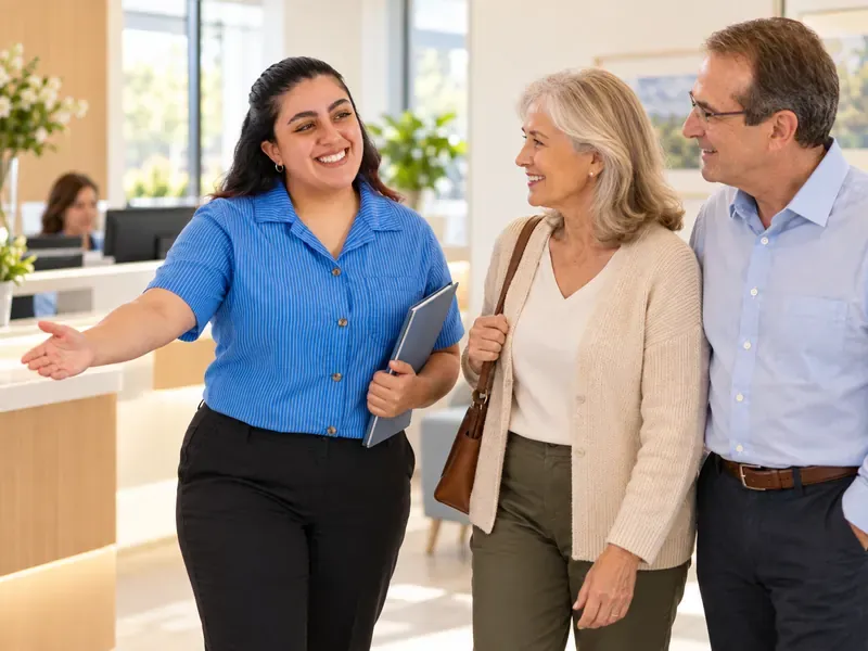 Patient Advisor welcoming an older couple at reception