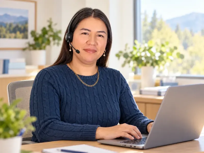Patient support specialist making a follow-up call at a laptop