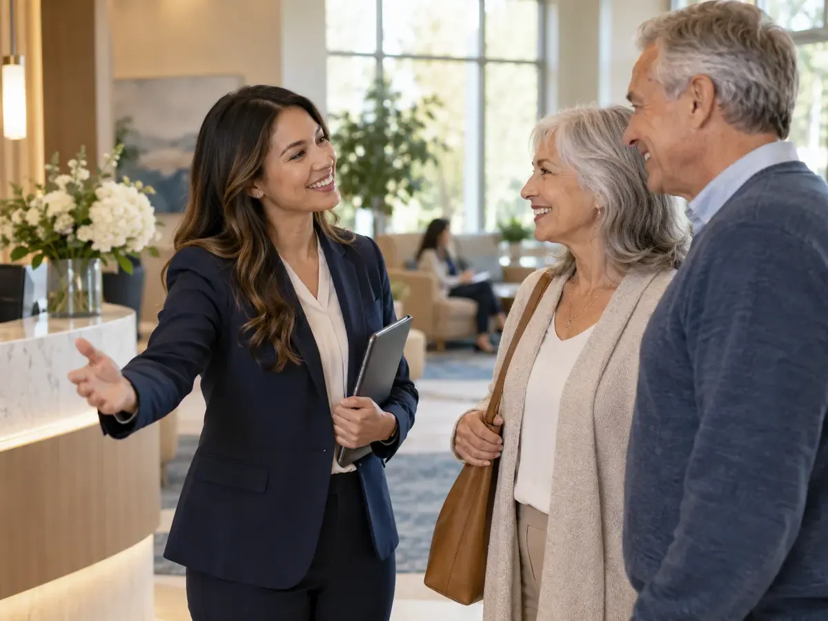 Patient advisor welcoming a patient and companion