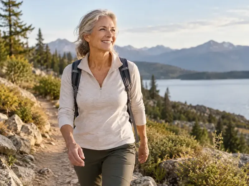 Mature adult walking confidently on a nature trail