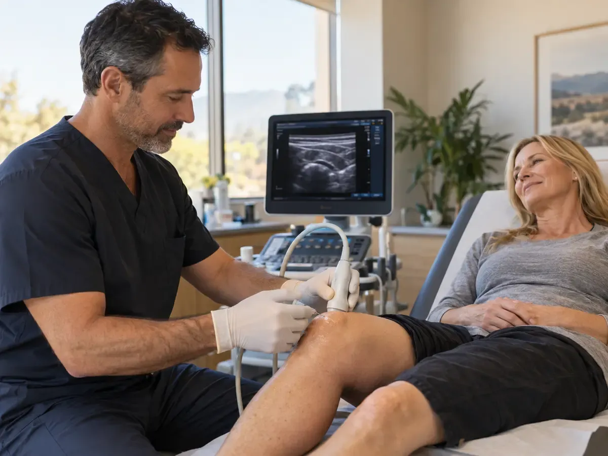 Specialist using ultrasound guidance during joint therapy